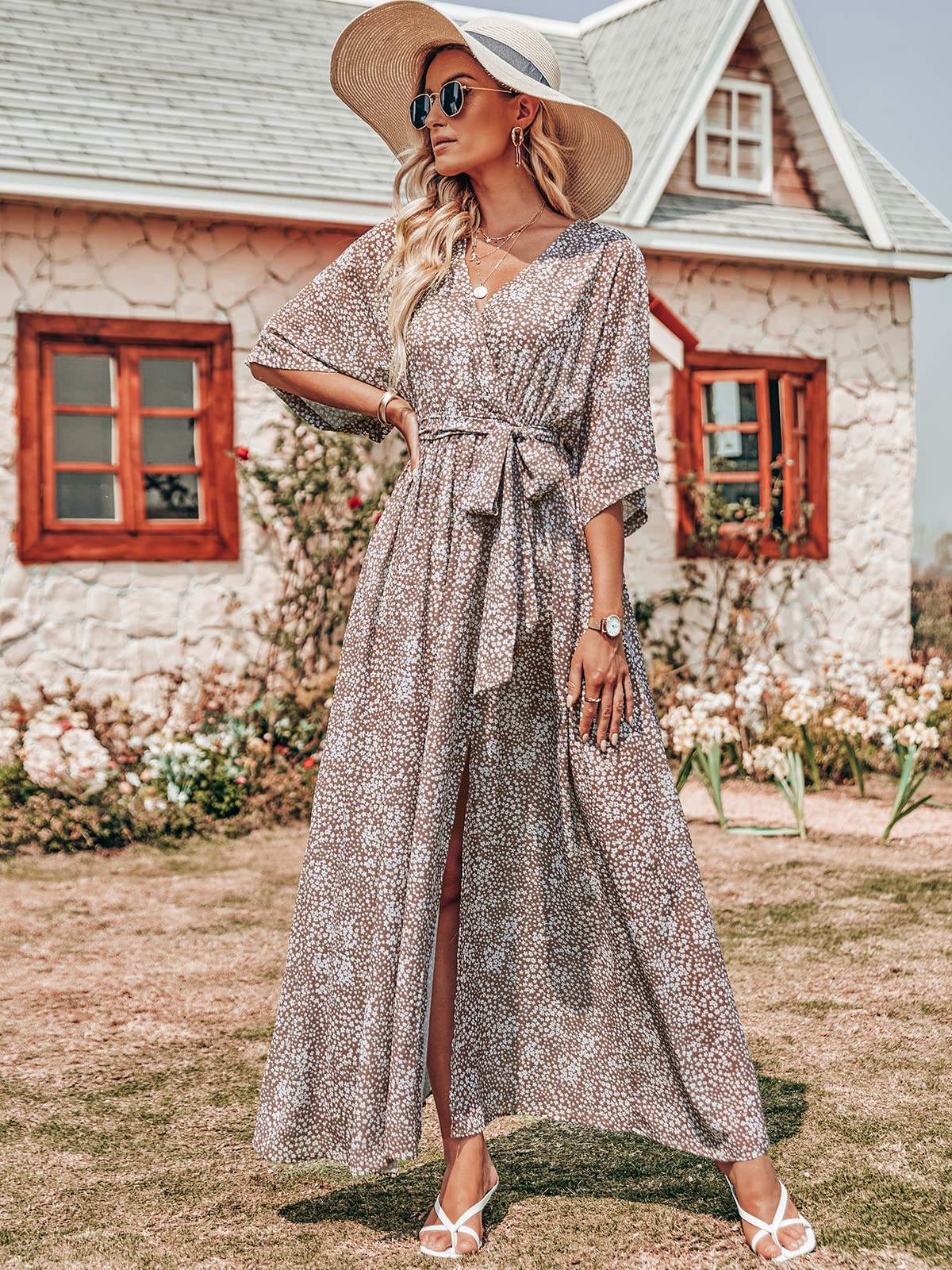 ANRABESS Womens 1/2 Sleeve Beach Wedding Guest Maxi Dresses 2026 Summer Wrap V Neck Boho Floral Flowy Slit Long Dresses