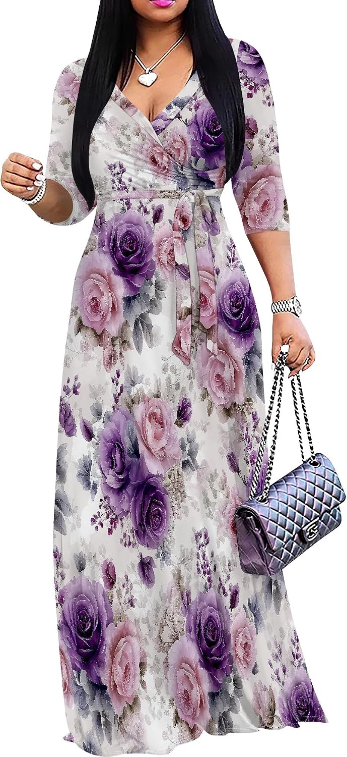 SUZONANA Plus Size Dresses for Women Floral Print Maxi Dress Flowy 3/4 Sleeve with Belt