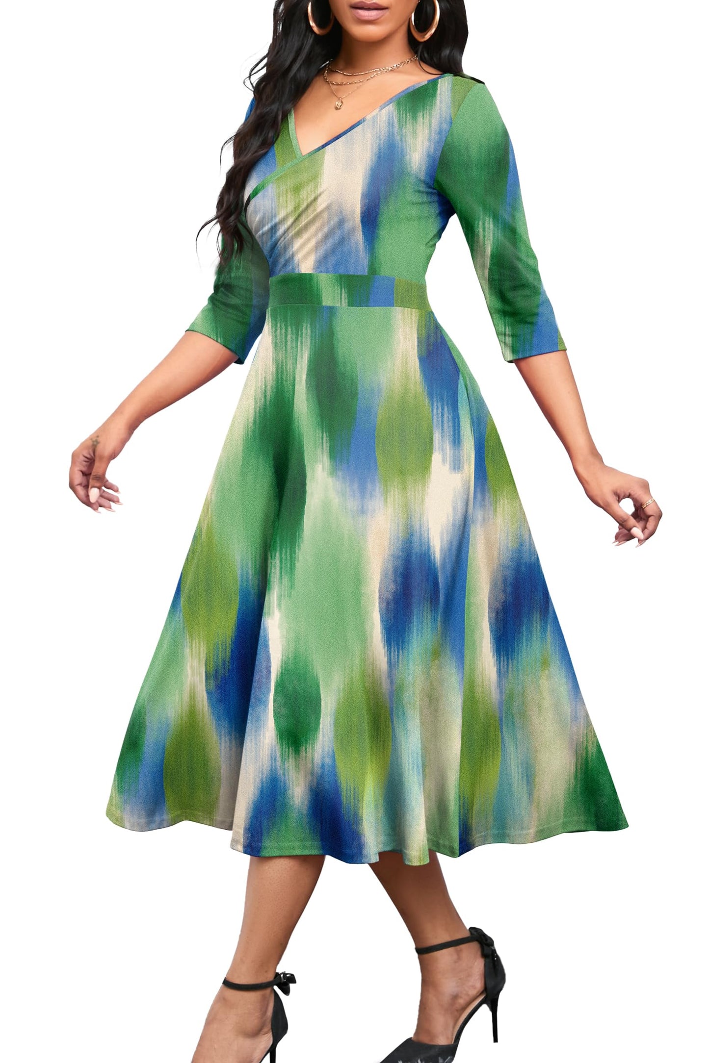 Nmoder Women's Casual Wrap Flared Midi Dress Wedding Guest Cocktail Tea Dresses A-Line Swing V-Neck 3/4 Sleeve