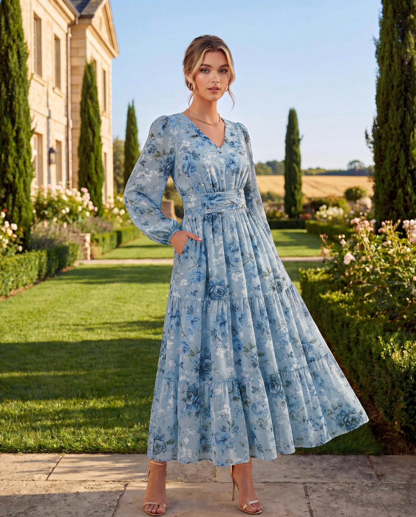 GRACE KARIN Women Floral Maxi Dress Fall Long Sleeve Wedding Guest Dresses