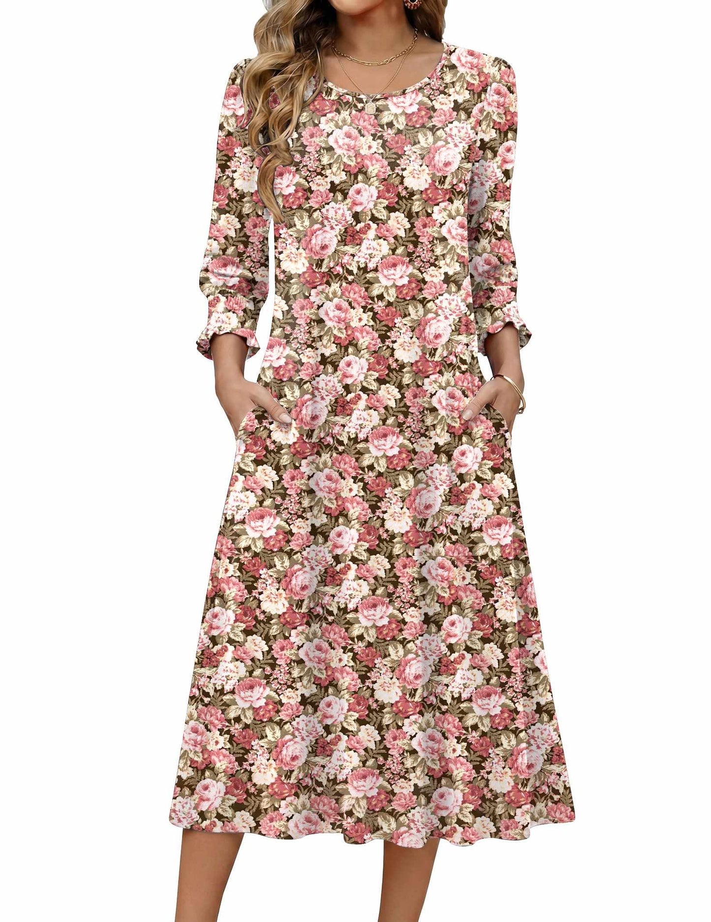 Zeagoo Summer Dresses for Women 2026 3/4 Sleeve Dress for Women Floral Midi Dresses for Casual Womens Dresses with Pockets