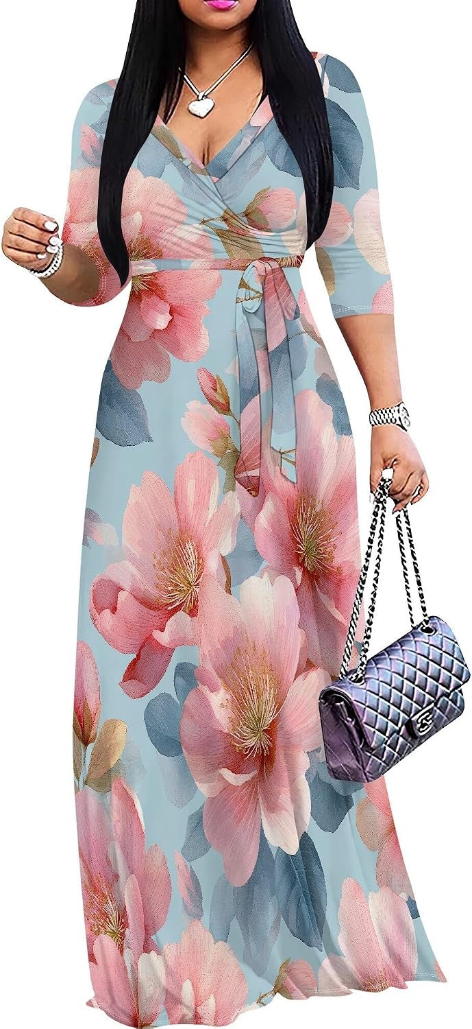 SUZONANA Plus Size Dresses for Women Floral Print Maxi Dress Flowy 3/4 Sleeve with Belt