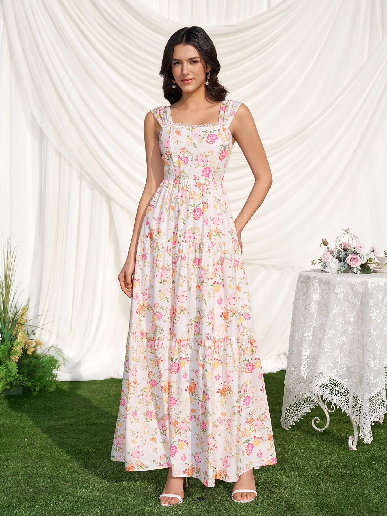 KUTUMAI Floral Maxi Long Dress Lace Up Square Neck Flowy Summer Wedding Guest Dresses for Women 2026
