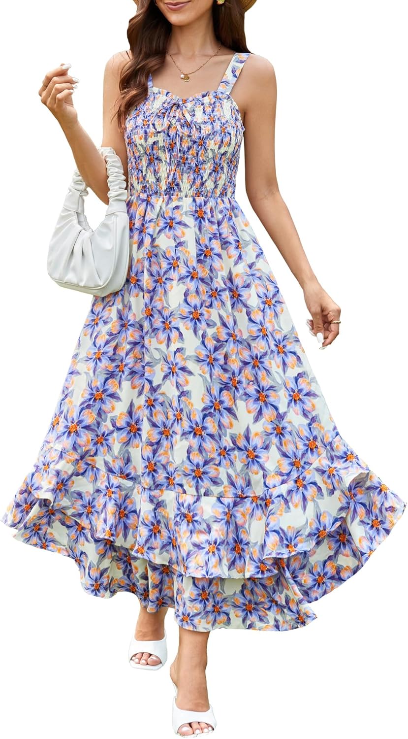 GRACE KARIN Women's 2026 Summer Floral Boho Dress Square Neck Strapped Swing A Line Sundress Beach Long Maxi Outfits
