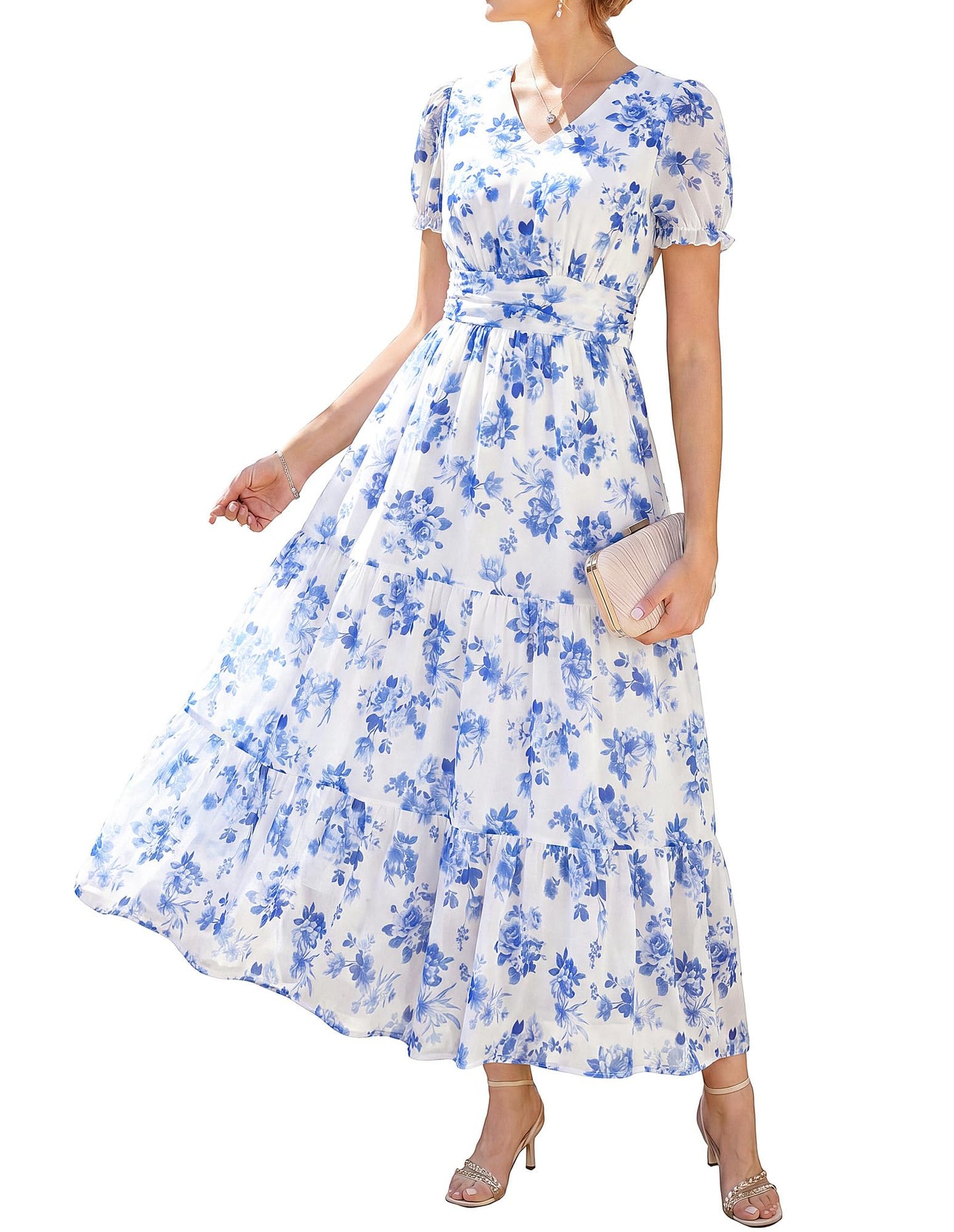 GRACE KARIN Women's 2026 Summer Wedding Guest Maxi Dresses Floral V Neck Short Sleeve Elegant Flowy Formal Dress with Pockets