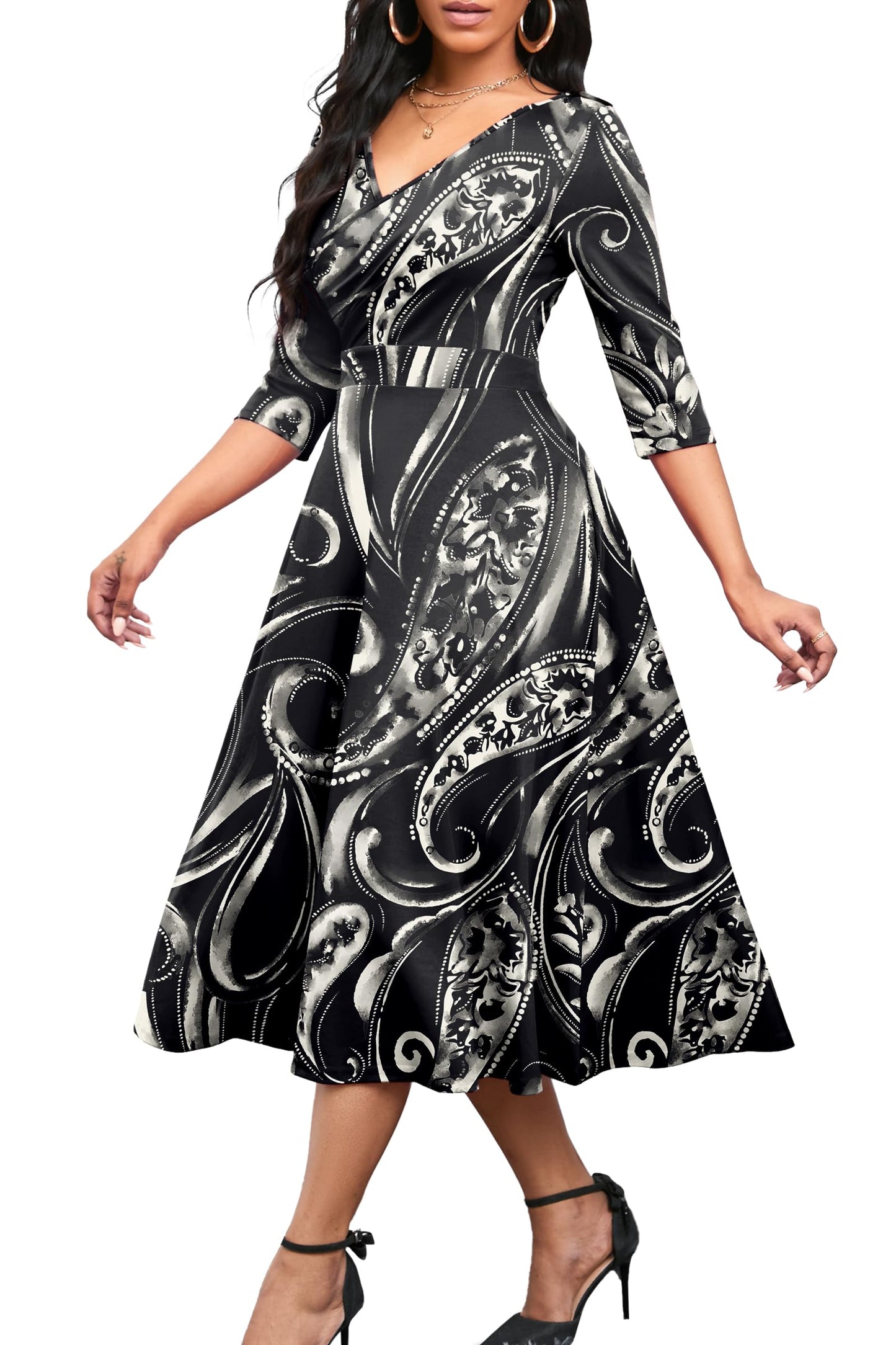 Nmoder Women's Casual Wrap Flared Midi Dress Wedding Guest Cocktail Tea Dresses A-Line Swing V-Neck 3/4 Sleeve