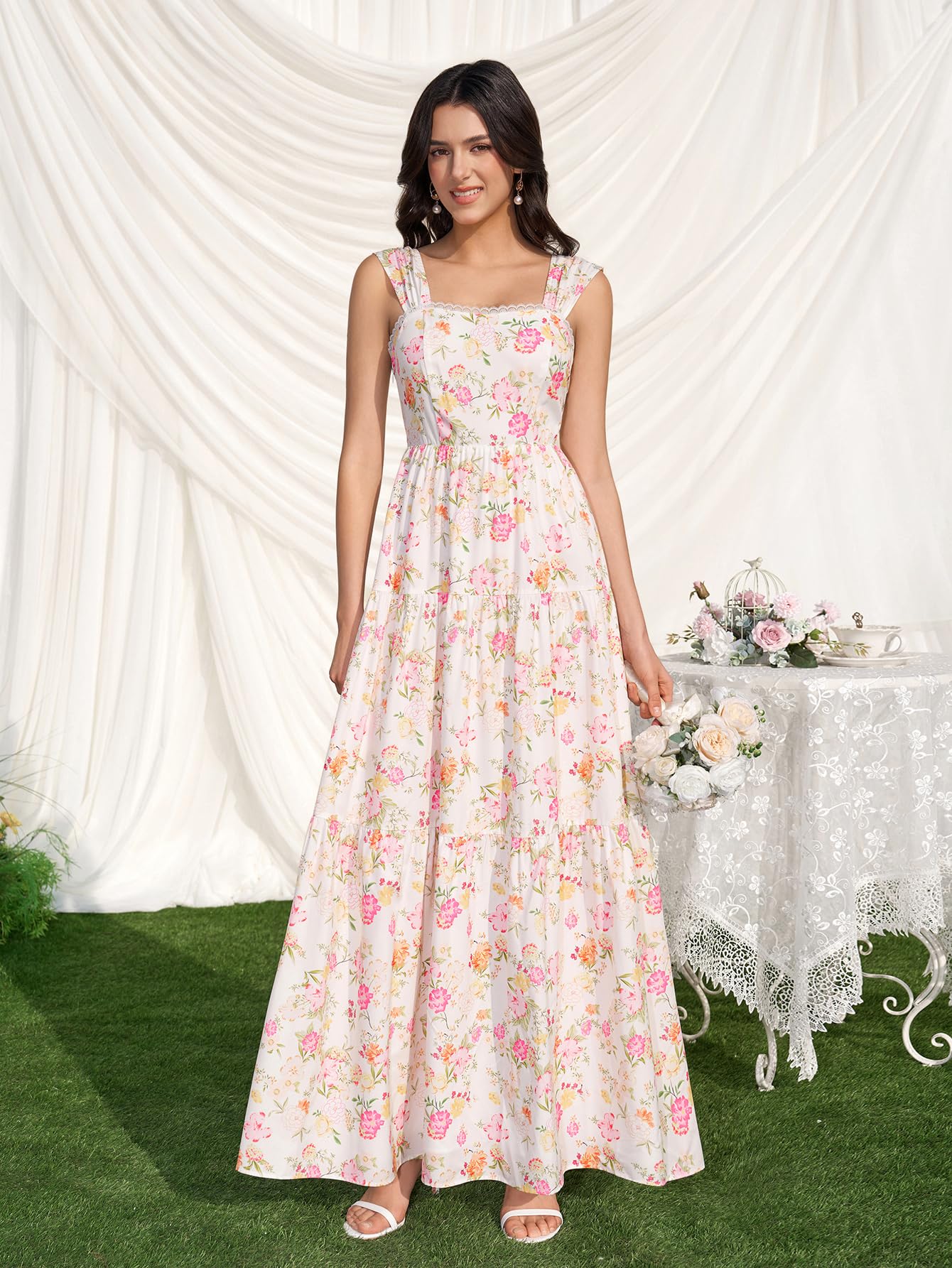 KUTUMAI Floral Maxi Long Dress Lace Up Square Neck Flowy Summer Wedding Guest Dresses for Women 2026