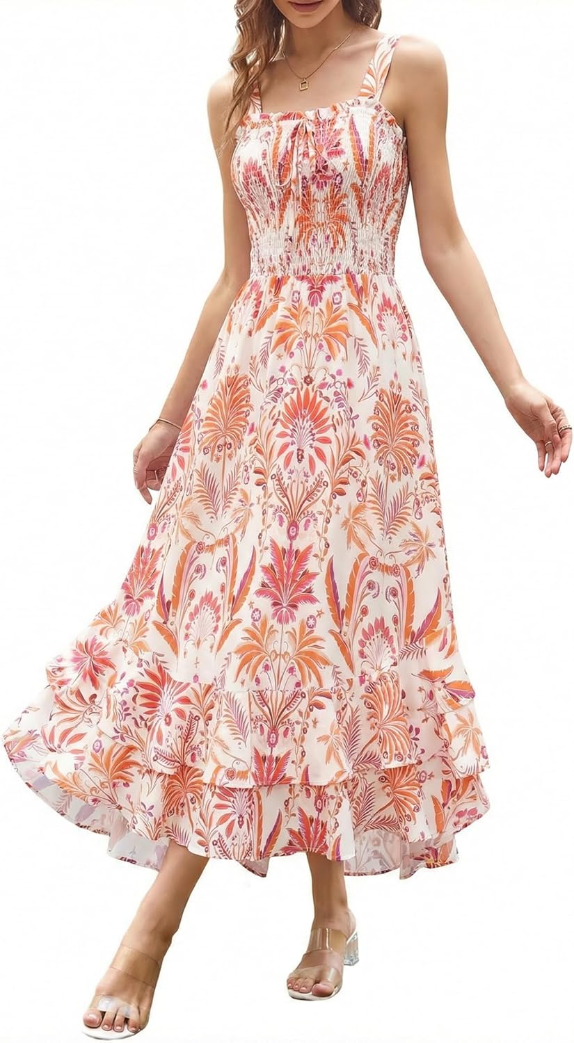 GRACE KARIN Women's 2026 Summer Floral Boho Dress Square Neck Strapped Swing A Line Sundress Beach Long Maxi Outfits