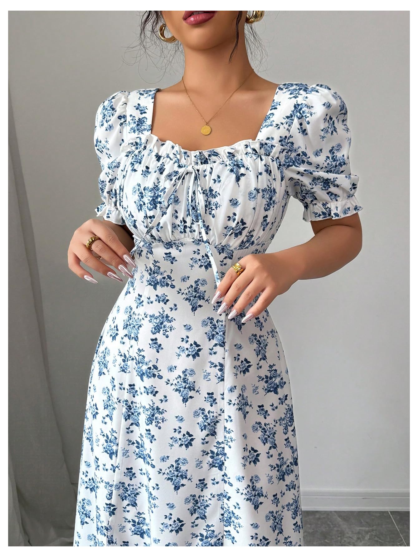 Floerns Women's Floral Short Puff Sleeve Milkmaid Dress Boho A Line Long Dresses