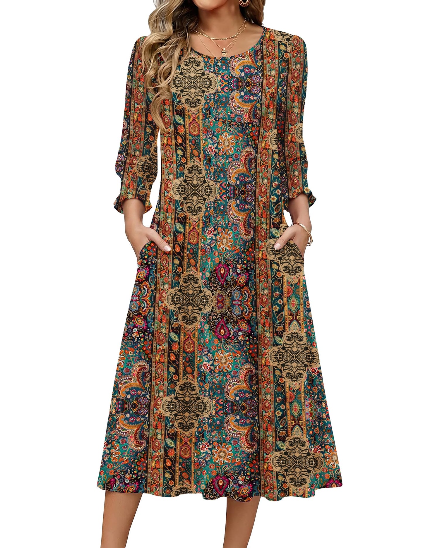 Zeagoo Summer Dresses for Women 2026 3/4 Sleeve Dress for Women Floral Midi Dresses for Casual Womens Dresses with Pockets