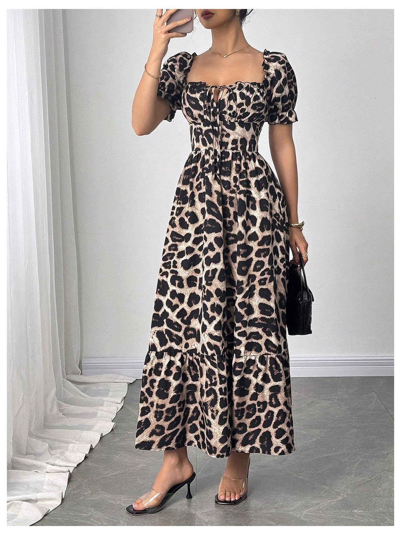 Floerns Women's Floral Short Puff Sleeve Milkmaid Dress Boho A Line Long Dresses