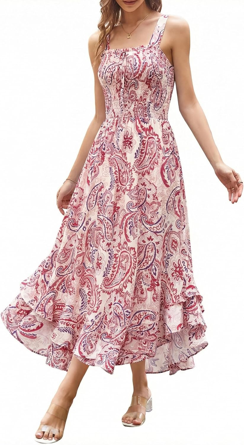 GRACE KARIN Women's 2026 Summer Floral Boho Dress Square Neck Strapped Swing A Line Sundress Beach Long Maxi Outfits