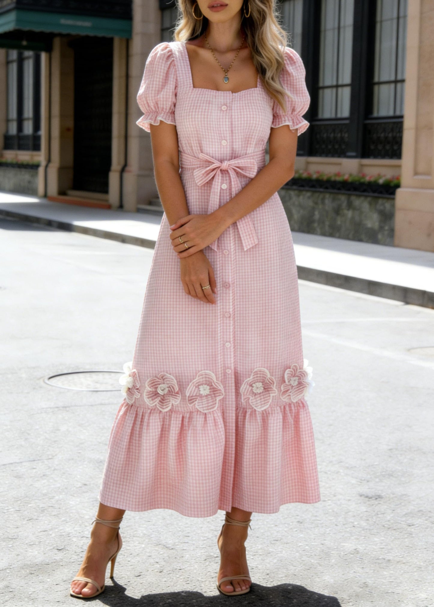 utcoco Dresses for Women Puff Short Sleeve Button Down 3D Flower Ruffle Plaid Maxi Shirt Dress
