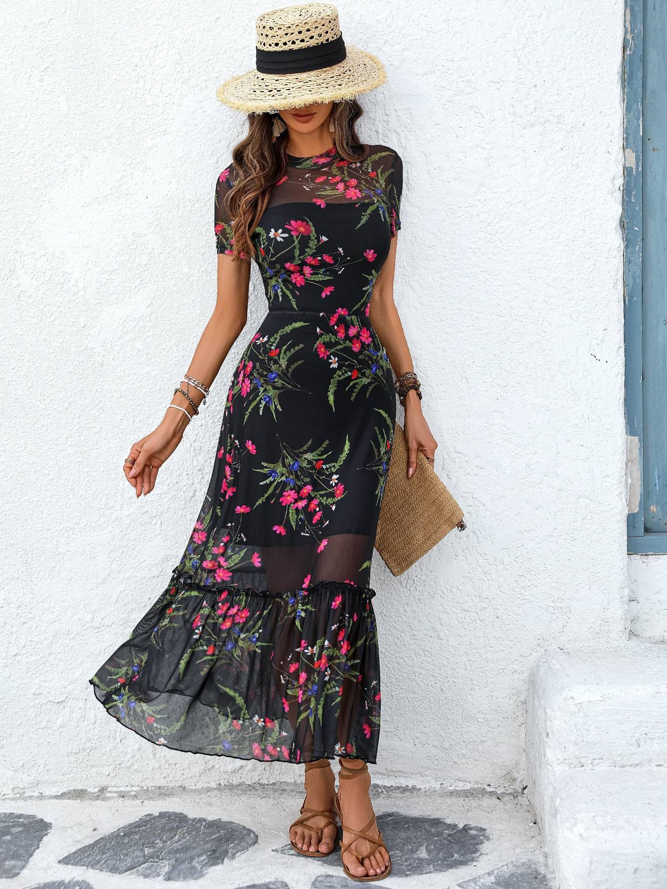 GothDark Women's Summer Floral Mesh Ruffle Dress Short Sleeve Round Neck Waist Cinched Casual Maxi Wedding Guest Dresses