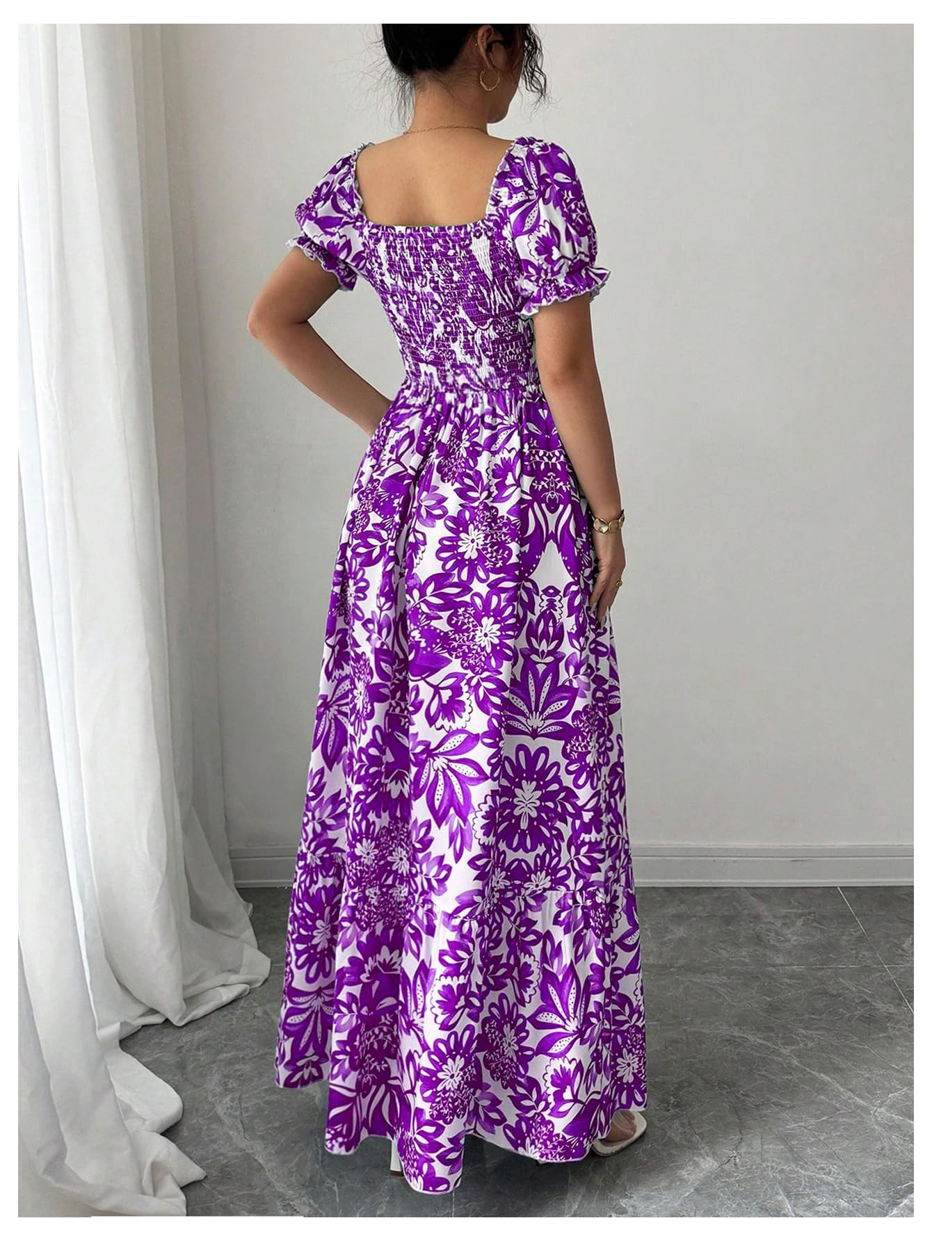 Floerns Women's Floral Short Puff Sleeve Milkmaid Dress Boho A Line Long Dresses