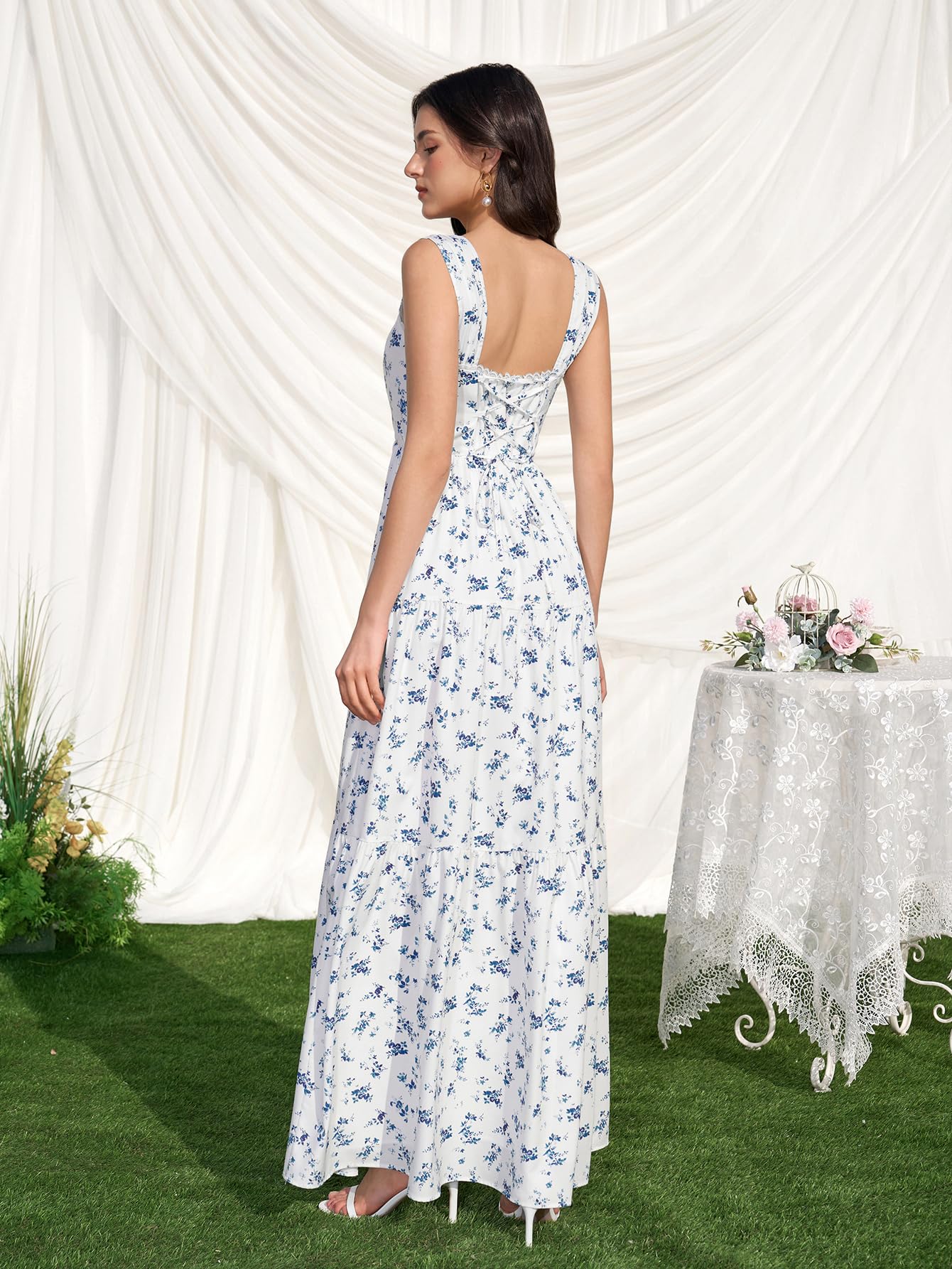 KUTUMAI Floral Maxi Long Dress Lace Up Square Neck Flowy Summer Wedding Guest Dresses for Women 2026