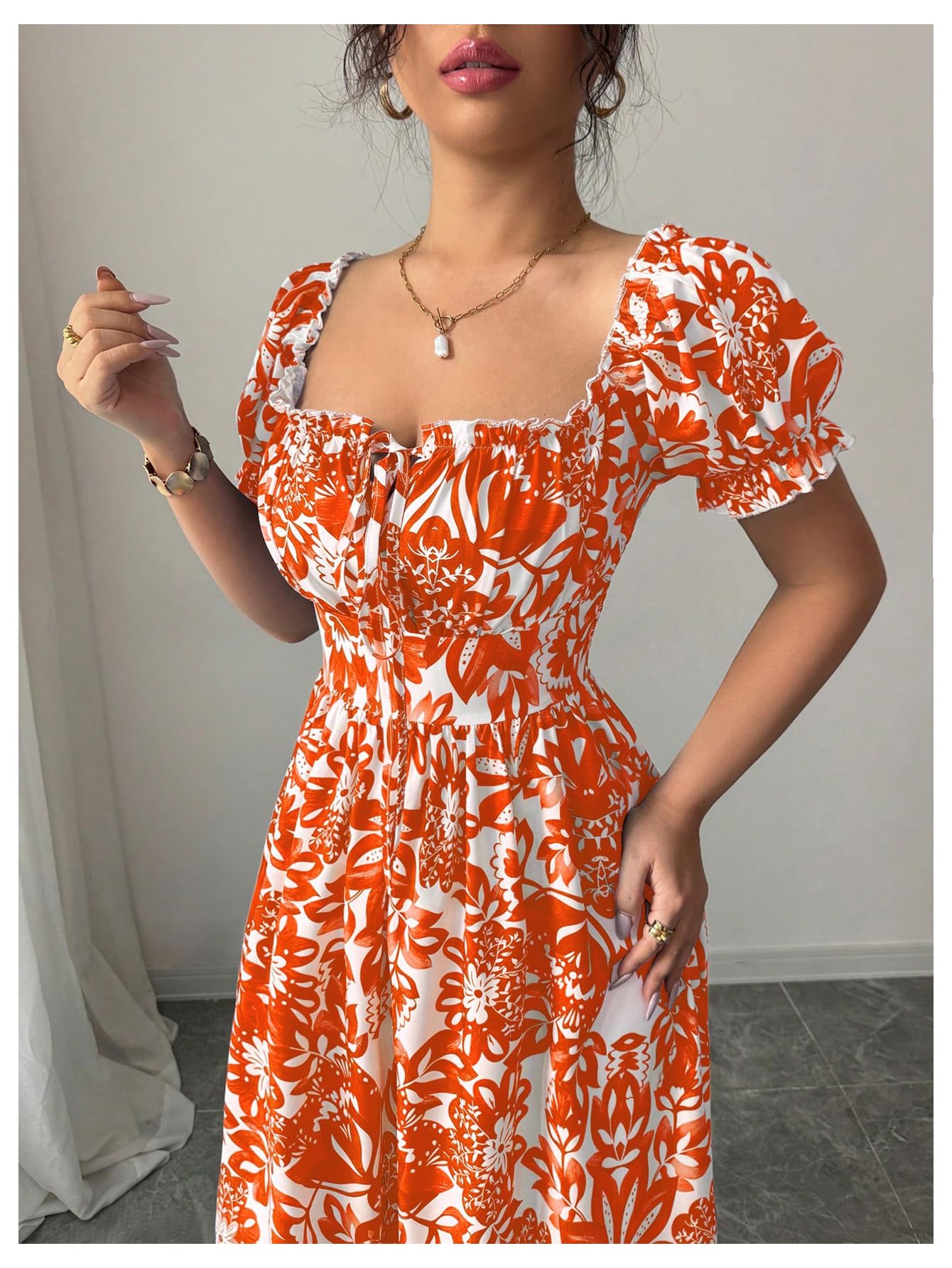 Floerns Women's Floral Short Puff Sleeve Milkmaid Dress Boho A Line Long Dresses