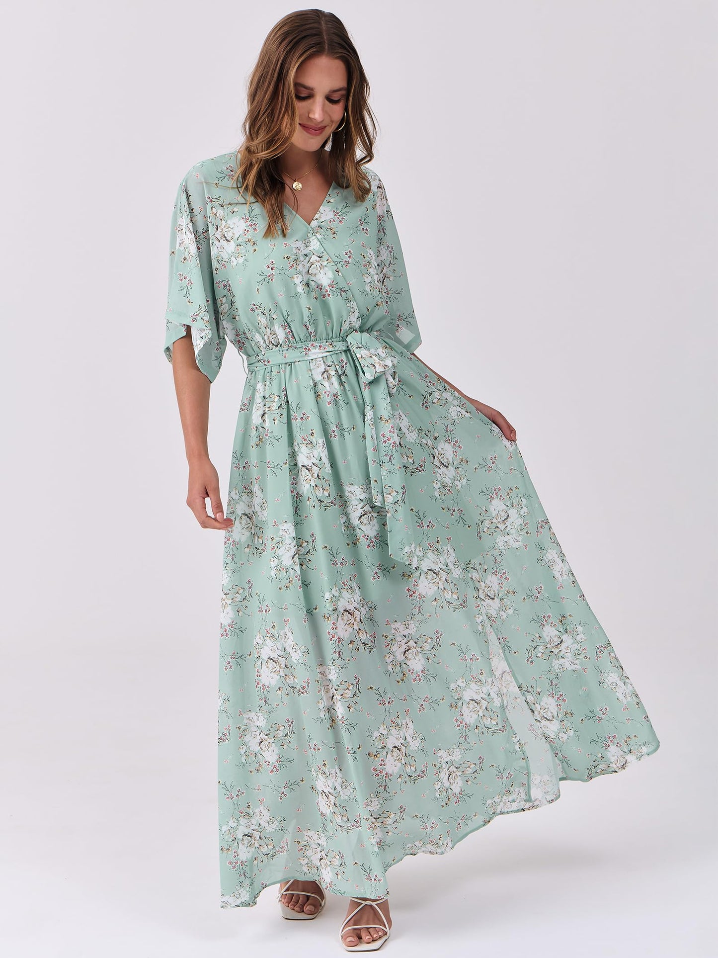 ANRABESS Womens 1/2 Sleeve Beach Wedding Guest Maxi Dresses 2026 Summer Wrap V Neck Boho Floral Flowy Slit Long Dresses