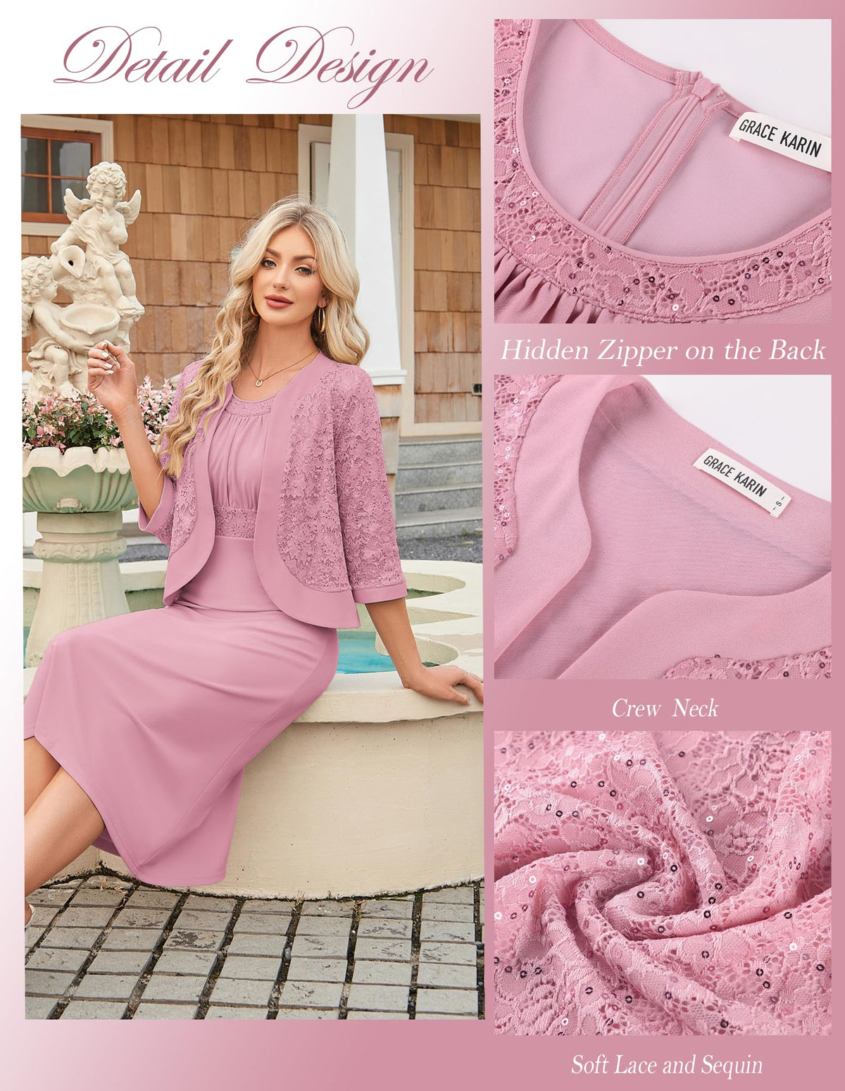 GRACE KARIN Women's Formal Wedding Guest Dress,2 Piece Mother of The Bride Dresses,Tea Party Sequin Dress with Jacket
