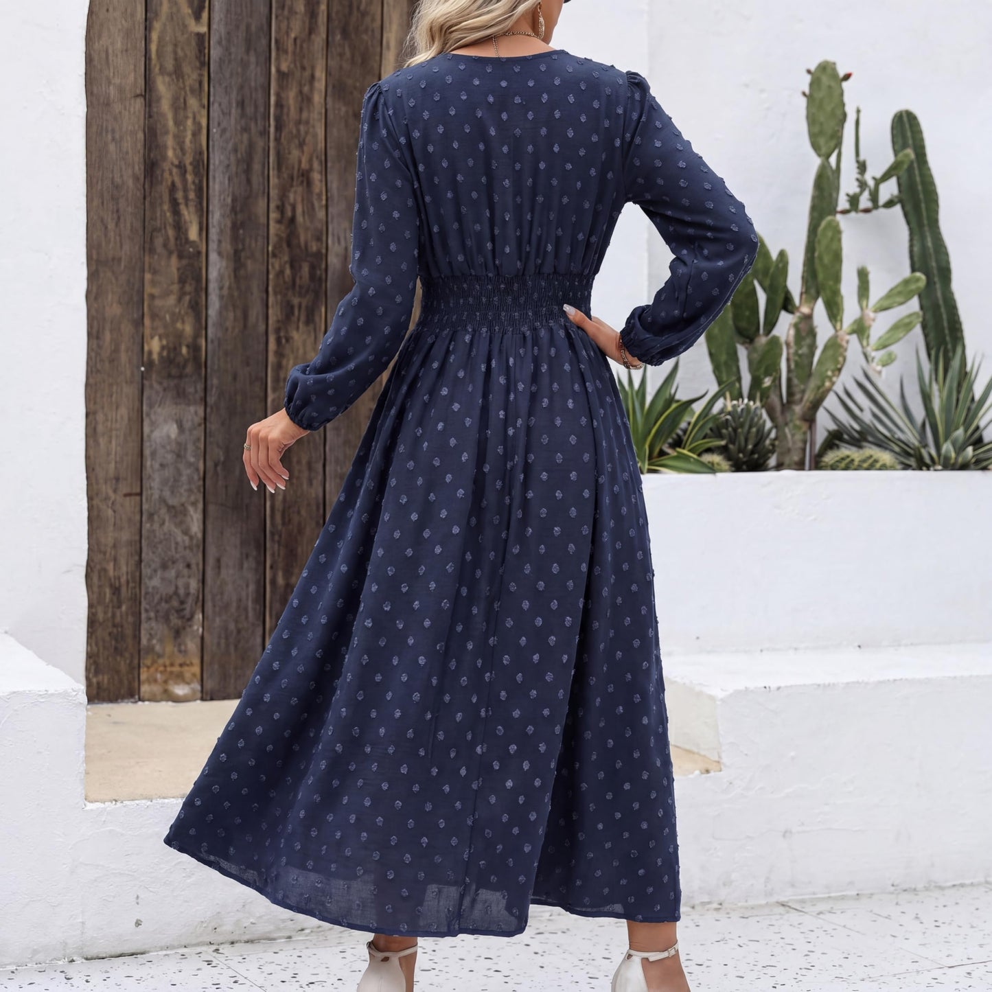 Women's Swiss Dot Long Sleeve V Neck Midi Dress, Faux Wrap A-Line Wedding Guest Dress, Fully Lined Smocked Back