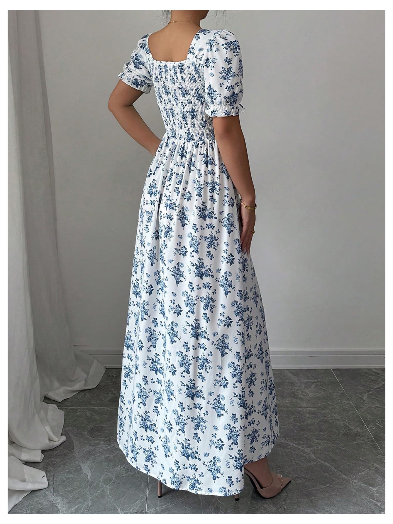 Floerns Women's Floral Short Puff Sleeve Milkmaid Dress Boho A Line Long Dresses