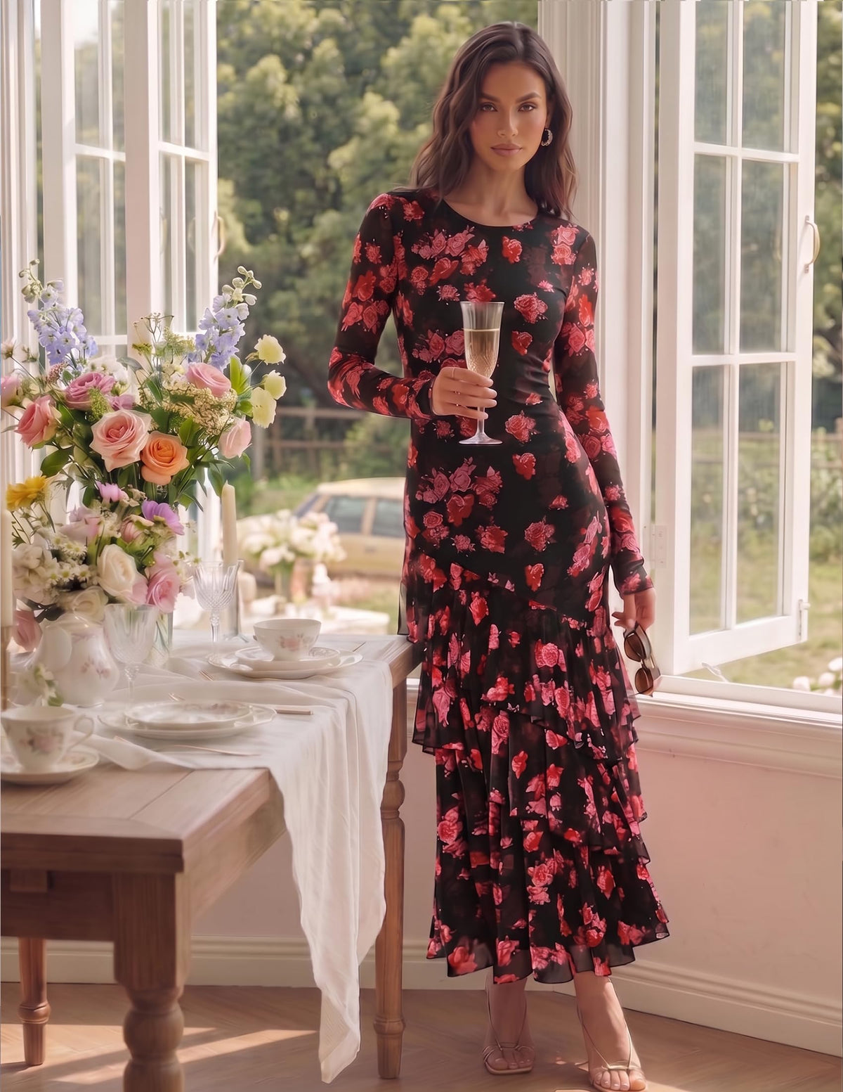ZESICA Women's Fall Floral Bodycon Maxi Wedding Guest Dresses