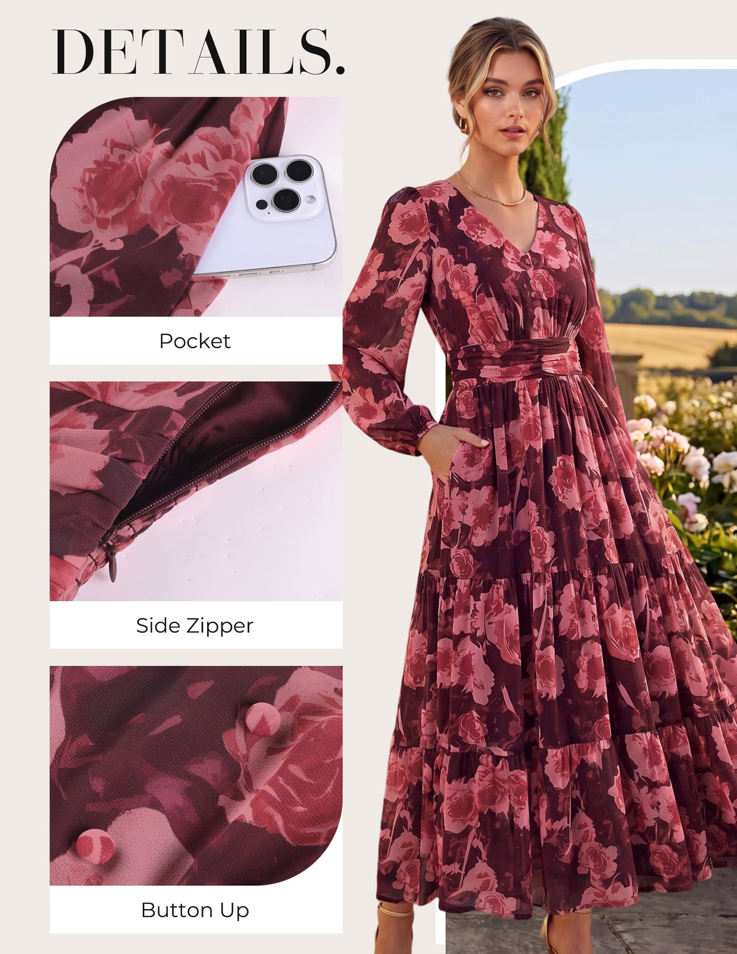 GRACE KARIN Women Floral Maxi Dress Fall Long Sleeve Wedding Guest Dresses
