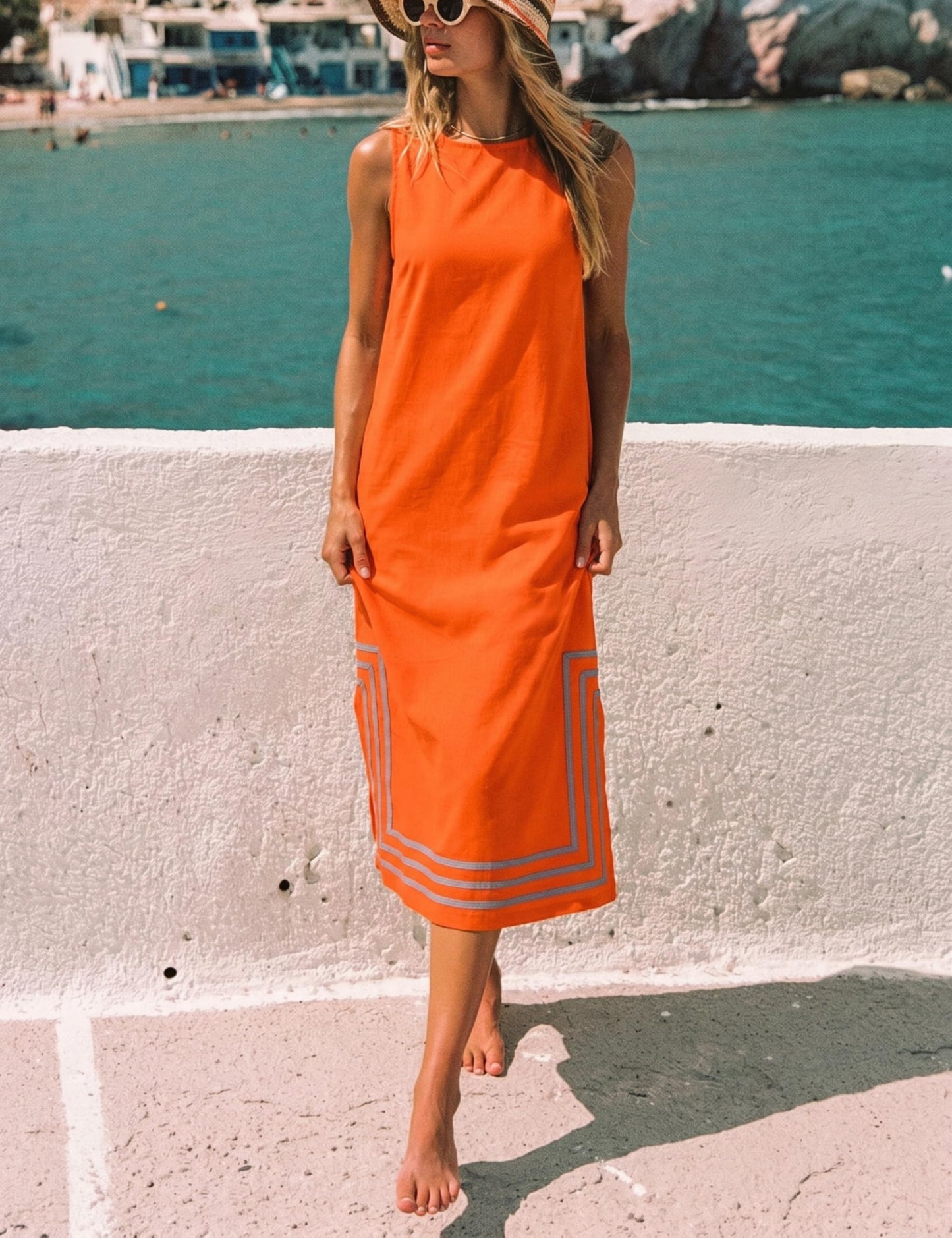 Womens Boho Linen Maxi Dress Sleeveless Split Sundress Color Block A-Line Coverups Beach Vacation Dress with Pockets