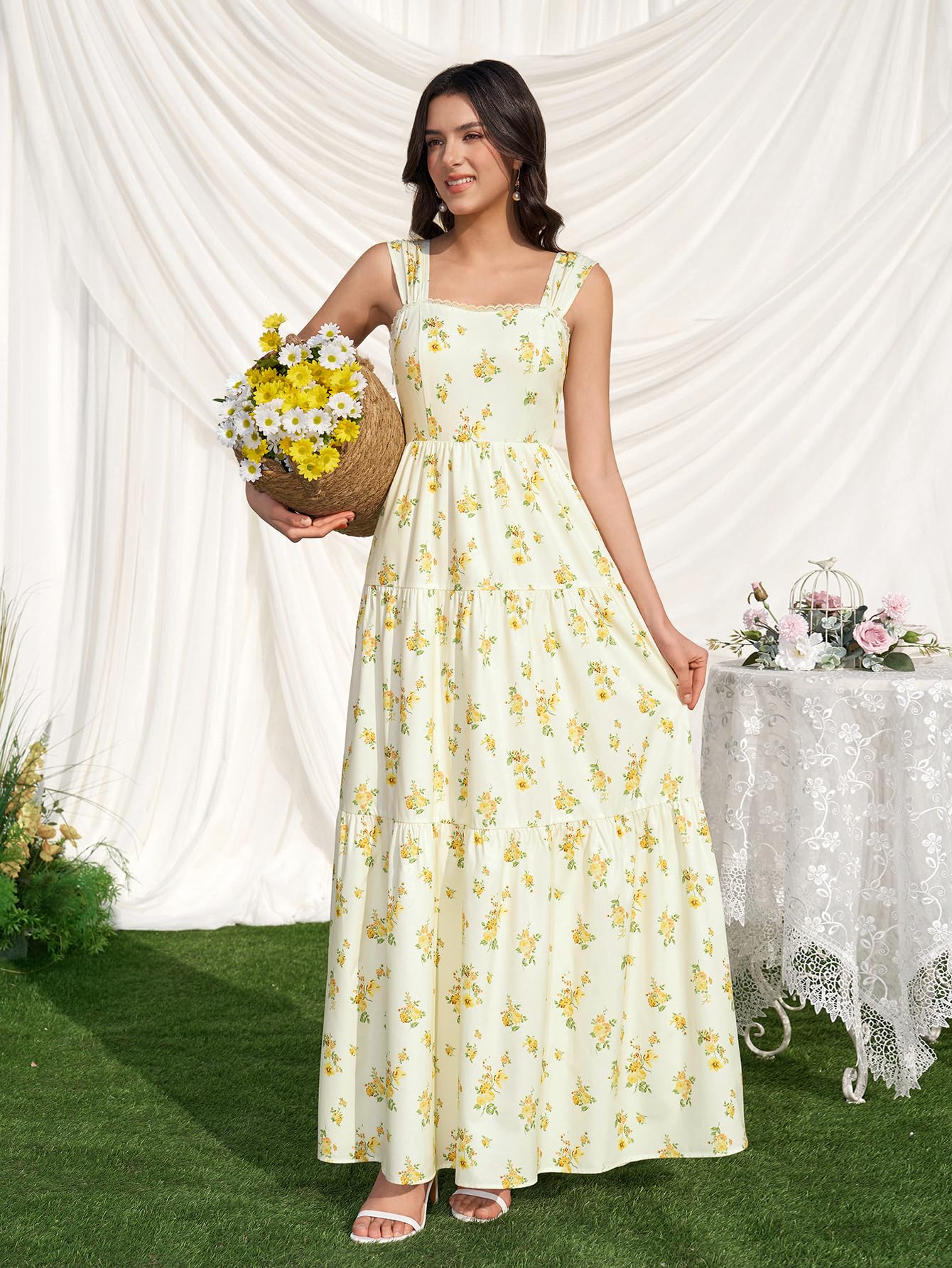 KUTUMAI Floral Maxi Long Dress Lace Up Square Neck Flowy Summer Wedding Guest Dresses for Women 2026