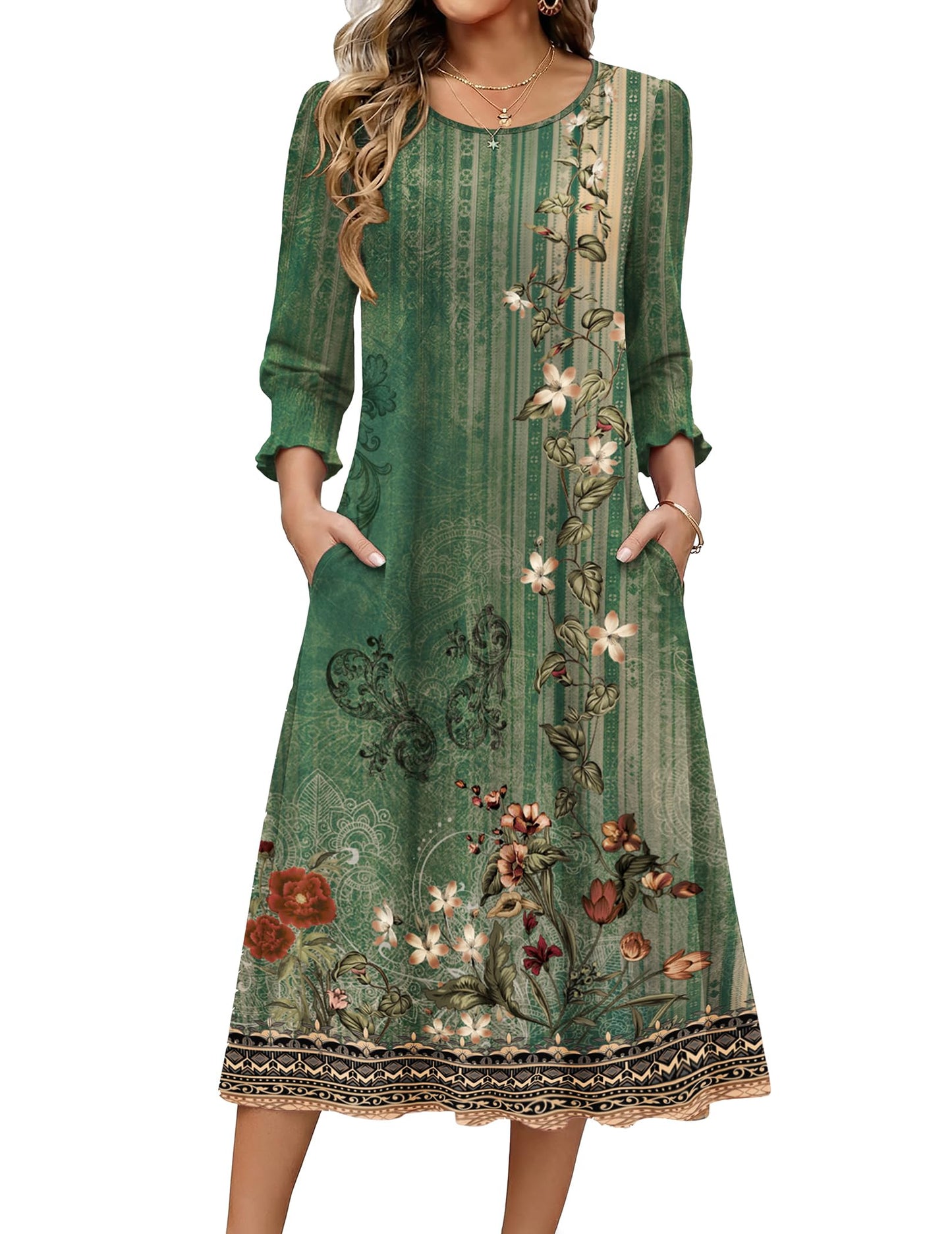 Zeagoo Summer Dresses for Women 2026 3/4 Sleeve Dress for Women Floral Midi Dresses for Casual Womens Dresses with Pockets