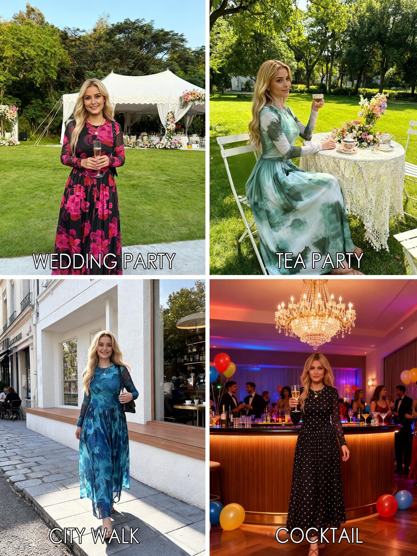 Women's Maxi Dress 2026 Spring Long Sleeve Crewneck Mesh Floral Dress Drop Waist Party Wedding Guest Dresses