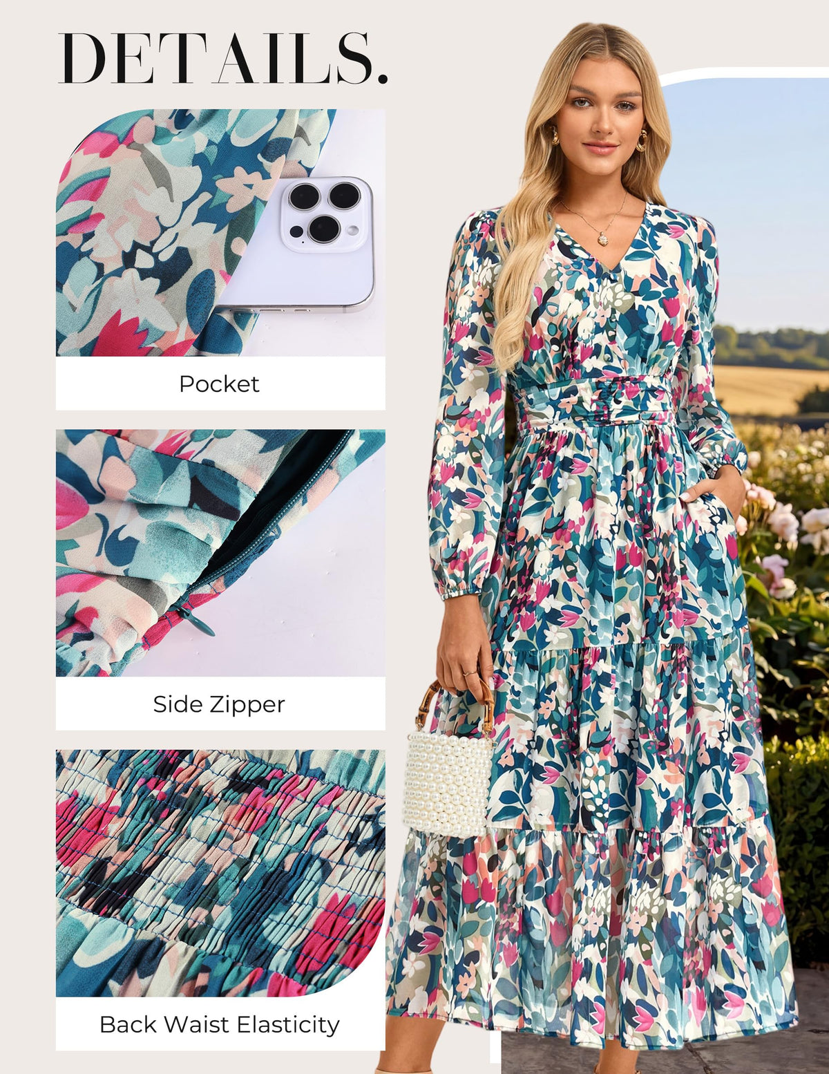 GRACE KARIN Women Floral Maxi Dress Fall Long Sleeve Wedding Guest Dresses
