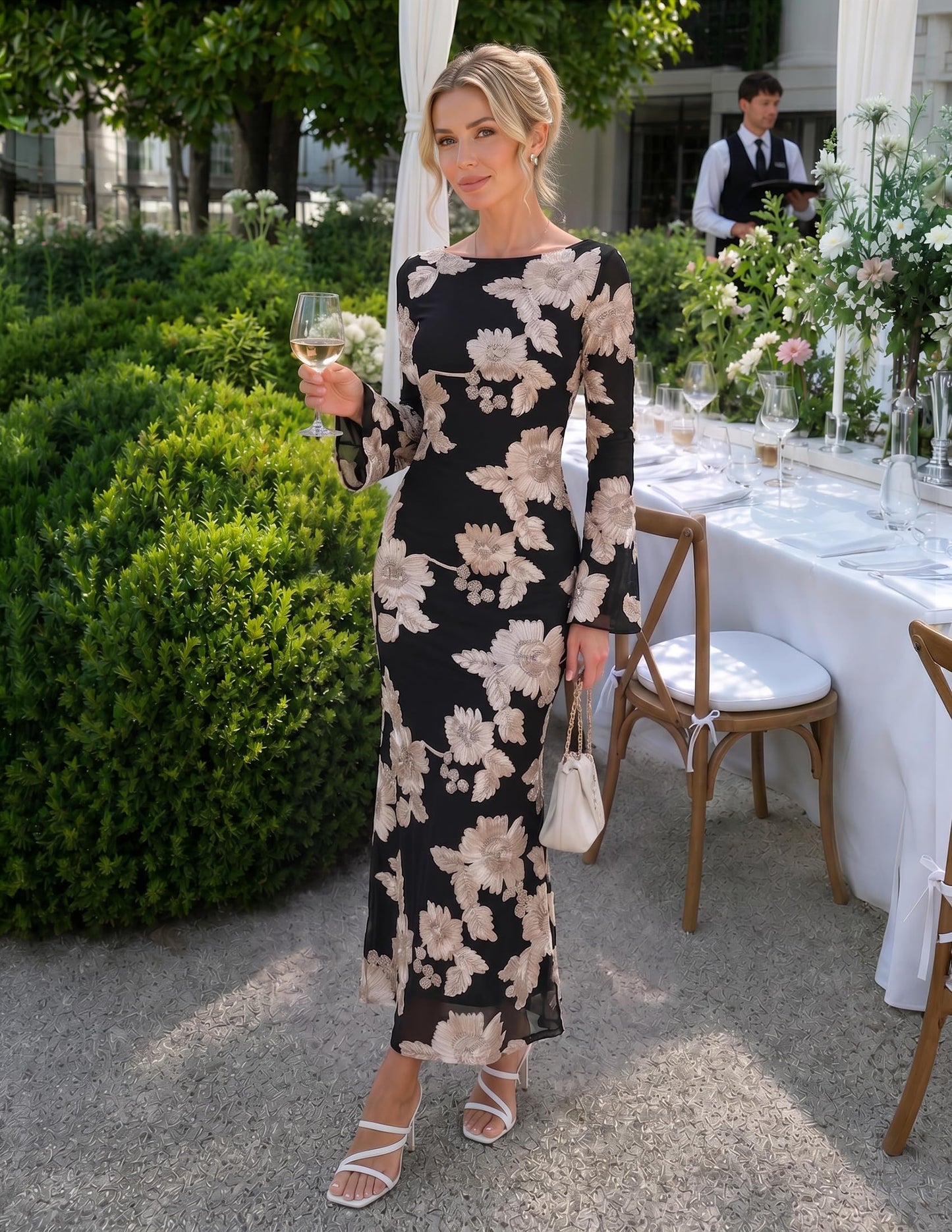 ZESICA Women Fall Long Sleeve Wedding Guest Cocktail Midi Dress